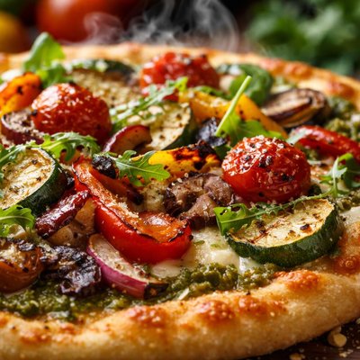 Image of Roasted Veggie Pizza with Pesto Sauce