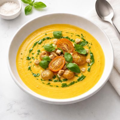 Image of Roasted Yellow Pear Tomato Yellow Pepper and Basil Bisque