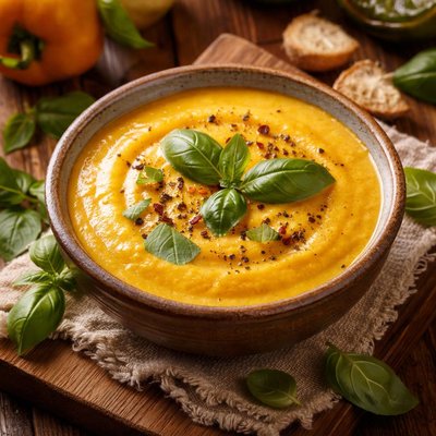 Image of Roasted Yellow Pepper Soup with Fresh Basil