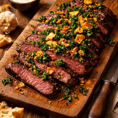 Image of Romanian Skirt Steak with Golden Garlic and Fried Parsley