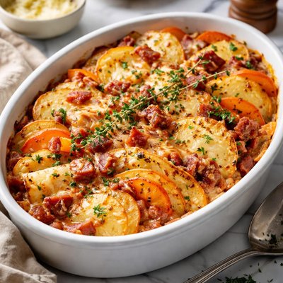 Image of Root Vegetable Gratin with Ham and Gruyere