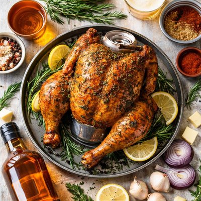 Image of Rosemary Rub Beer Butt Beer Can Chicken W Bourbon