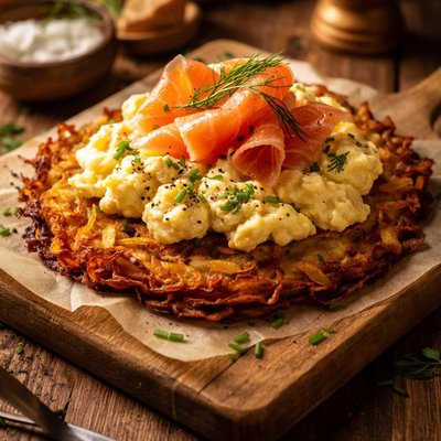Image of Rosti Potatoes with Smoked Salmon and Scrambled Eggs
