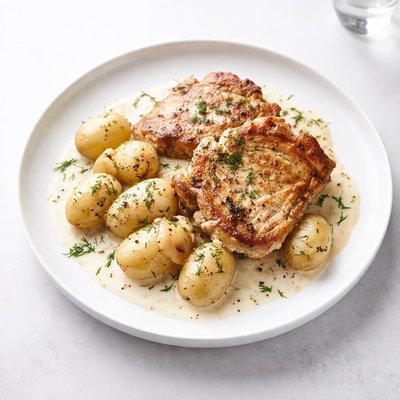 Image of Russian Pork Chops and Potatoes in Sour Cream Sauce