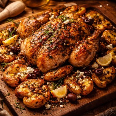 Image of Rustic Greek Style Roast Chicken with Smashed Potatoes