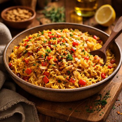 Image of Saffron Rice Pilaf with Red Peppers Toasted Almonds