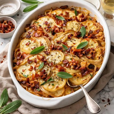 Image of Sage and Potato Gratin with Bacon and Onions