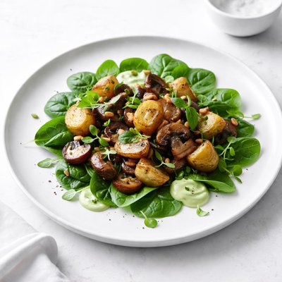 Image of Salad of Roasted Potatoes and Mushrooms on Spinach W Basil Aioli