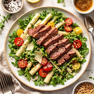 Image of Salad of Warm White Asparagus Spargel Baby Arugula and Beefst