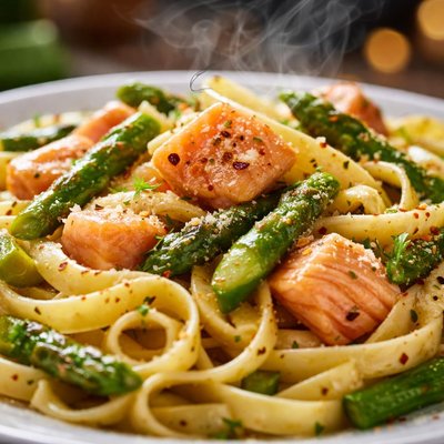 Image of Salmon and Asparagus Pasta Clean Eating