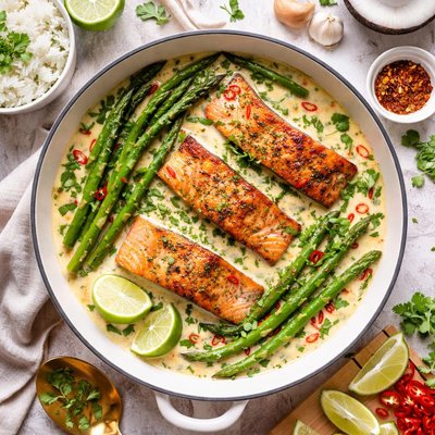 Image of Salmon and Asparagus with Coconut Sauce