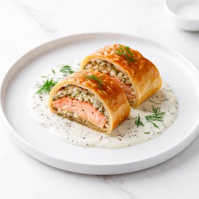Image of Salmon and Rice Wrapped in Pastry with Dill Sauce