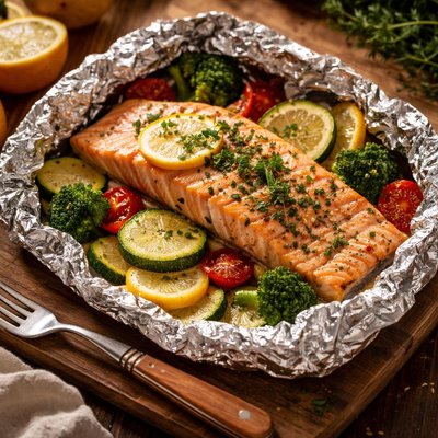 Image of Salmon and Vegetables in Foil