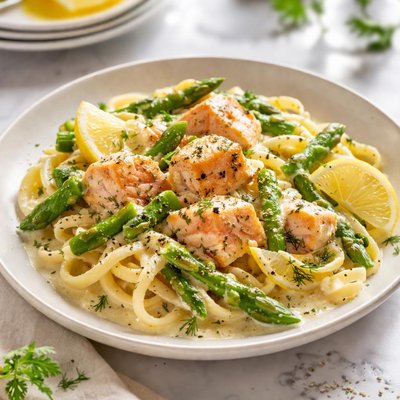 Image of Salmon Asparagus and Pasta in a Creamy Dill Sauce