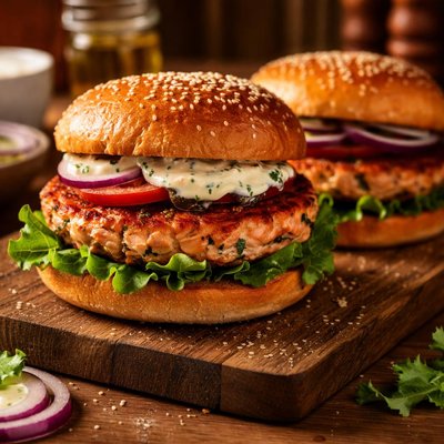 Image of Salmon Burgers with Herbed Sherry Mayonnaise