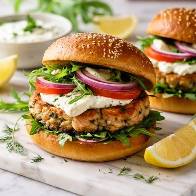 Image of Salmon Burgers with Lemon Sour Cream Sauce