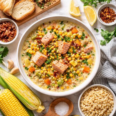Image of Salmon Corn and Barley Chowder