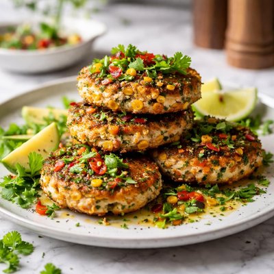 Image of Salmon Corn Cakes with Cilantro Pepper Vinaigrette