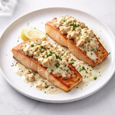Image of Salmon Filets with Creamy White Wine Crab Meat Sauce