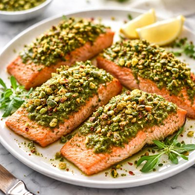 Image of Salmon Fillets with Pesto and Pistachios