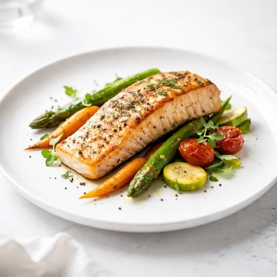 Image of Salmon Grilled in White Wine Marinade with Vegetables