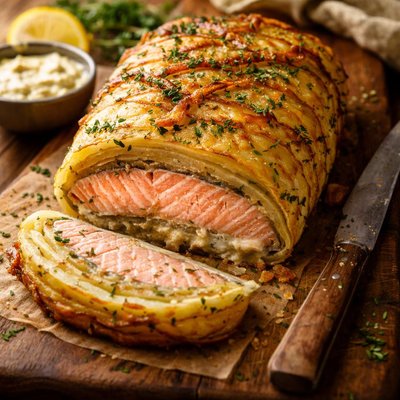 Image of Salmon in Garlic Herbed Potato En Croute Sp5