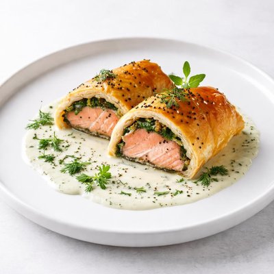 Image of Salmon in Pastry with Herb and Cream Sauce