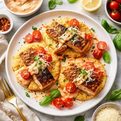 Image of Salmon Over Gritcakes with Tomato Alfredo
