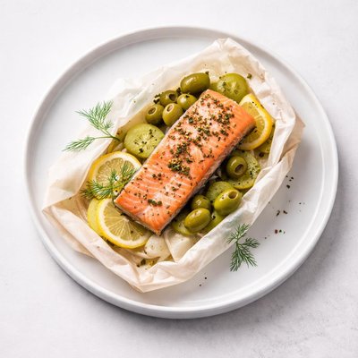 Image of Salmon Papillotes with Fennel Potatoes and Olives