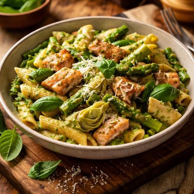 Image of Salmon Penne with Basil Pesto Cream Sauce Artichokes and Asparagus