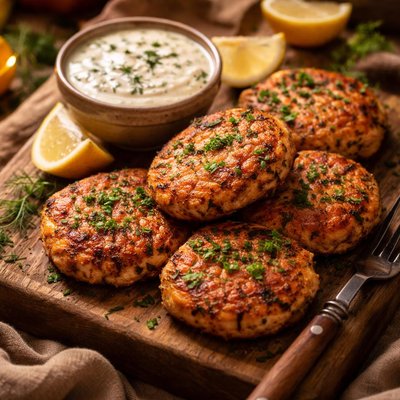 Image of Salmon Tuna Patties with Dill Sauce