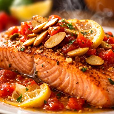 Image of Salmon with Almonds and Tomato Lemon Sauce