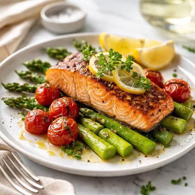Image of Salmon with Asparagus and Cherry Tomatoes