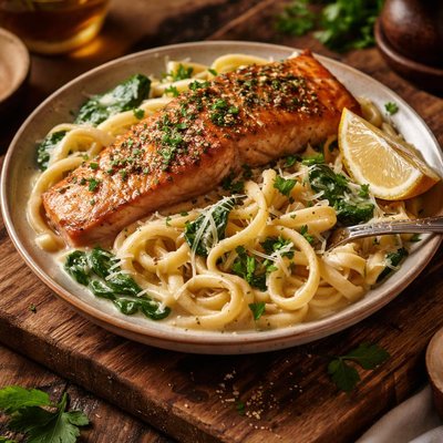 Image of Salmon with Creamy Noodles Spinach