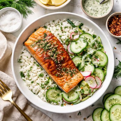 Image of Salmon with Cucumber Dill and Rice
