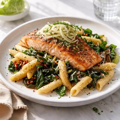 Image of Salmon with Fennel Swiss Chard and Penne
