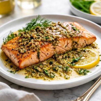 Image of Salmon with Grainy Mustard and Herb Sauce