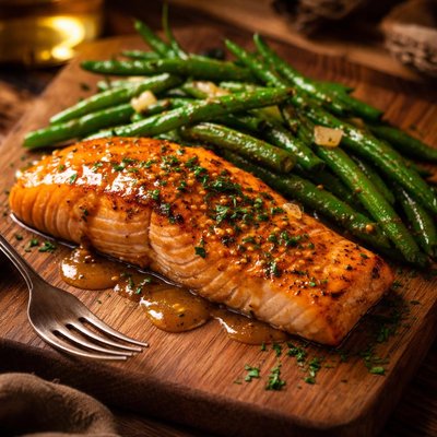 Image of Salmon with Green Beans and Honey Mustard Sauce