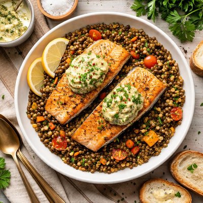 Image of Salmon with Lentils and Mustard Herb Butter Saumon Aux Lentille