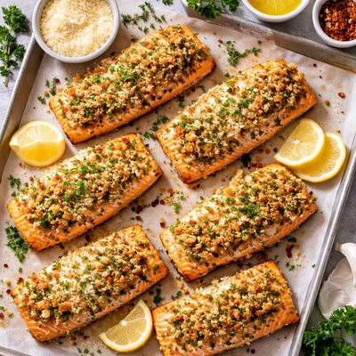 Image of Salmon with Parmesan Garlic and Herb Crust Use Chicken or Pork