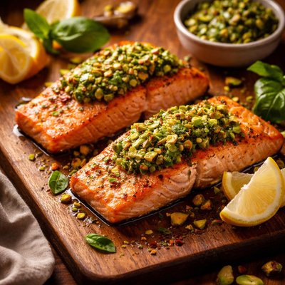 Image of Salmon with Pistachio Basil Butter