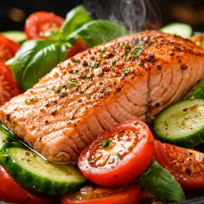 Image of Salmon with Tomatoes and Cucumbers