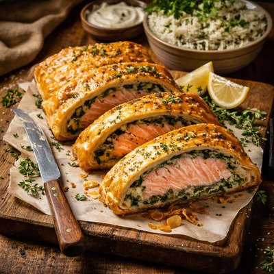 Image of Salmon Wrapped in Pastry with Rice