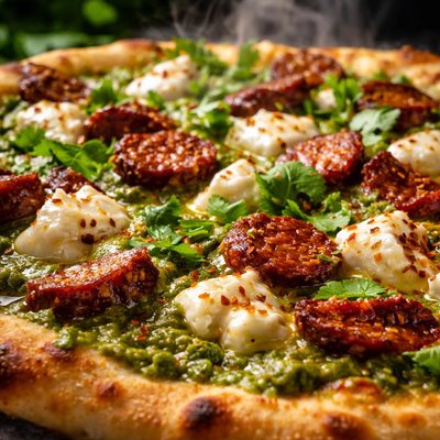 Image of Salsa Verde Pizza with Goat Cheese and Chorizo Rick Bayless