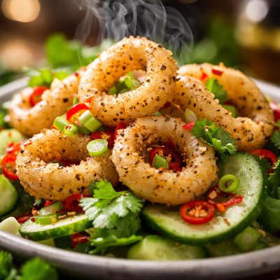 Image of Salt and Pepper Squid or Calamari with Cucumber Salad
