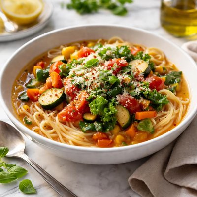 Image of San Francisco Vegetable Soup Over Angel Hair Pasta