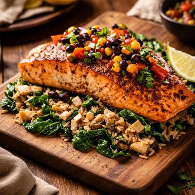 Image of Santa Fe Salmon with Fresh Spinach Wild Rice
