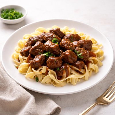 Image of Saucy Beef Tips with Egg Noodles Inspired by Dream Dinners