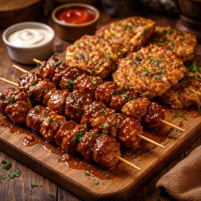 Image of Saucy Skewered Meat with Cabbage Patties