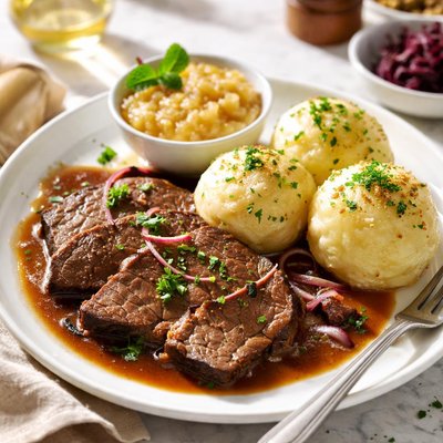 Image of Sauerbraten with Potato Dumplings and Applesauce